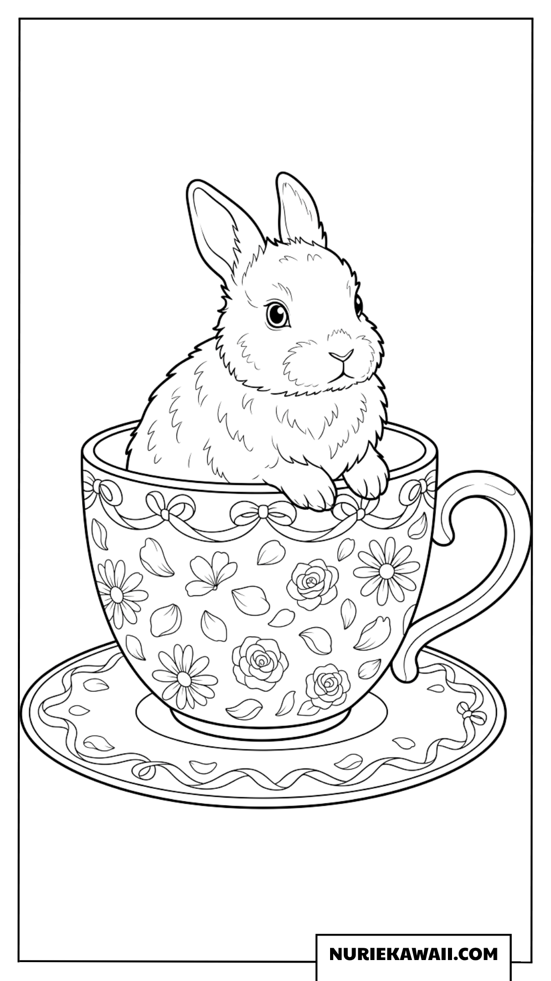 薔薇のティーカップに入ったうさぎの可愛い塗り絵