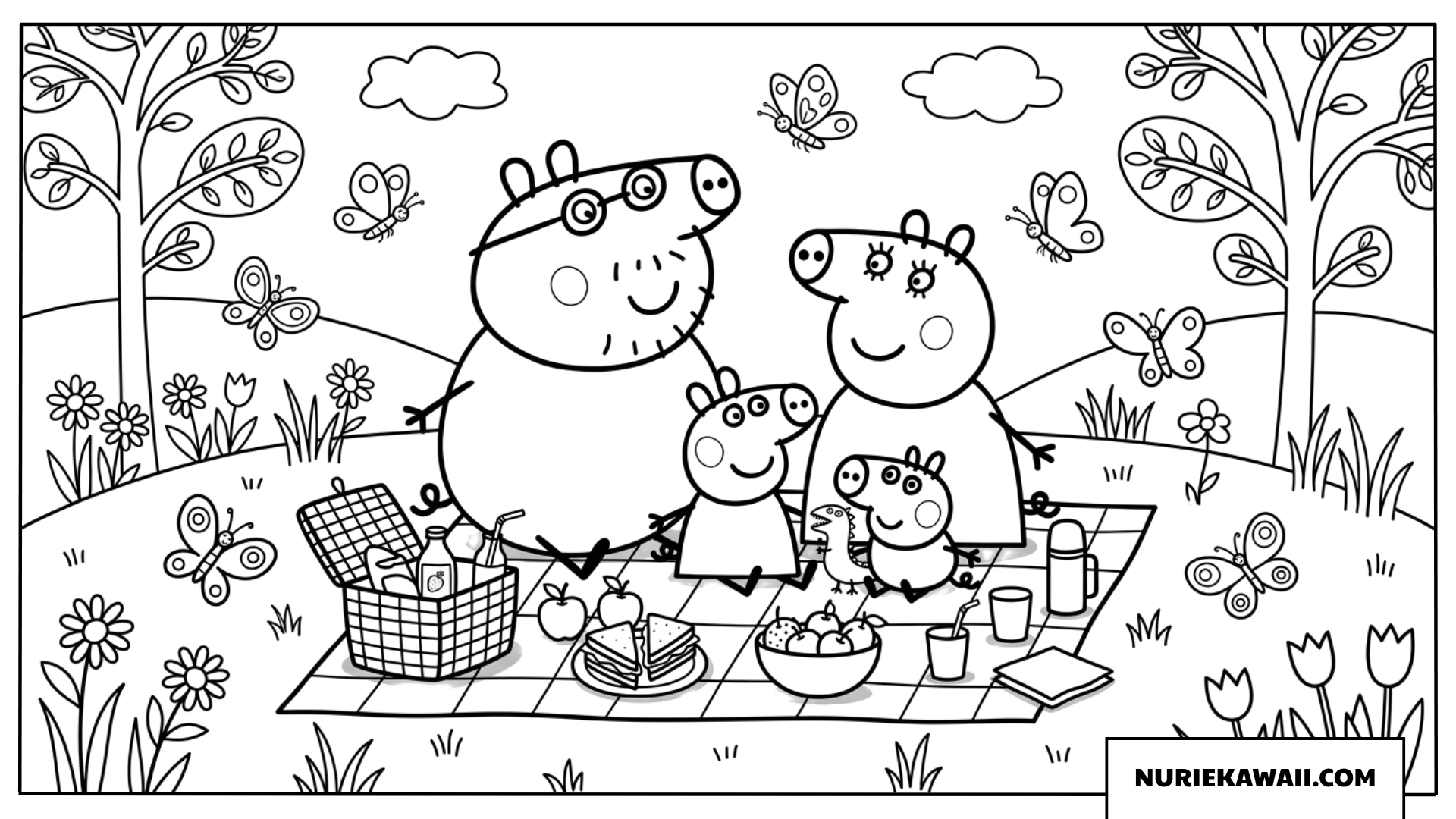 蝶々が舞うお花畑でピクニックをするペッパピッグファミリーの塗り絵