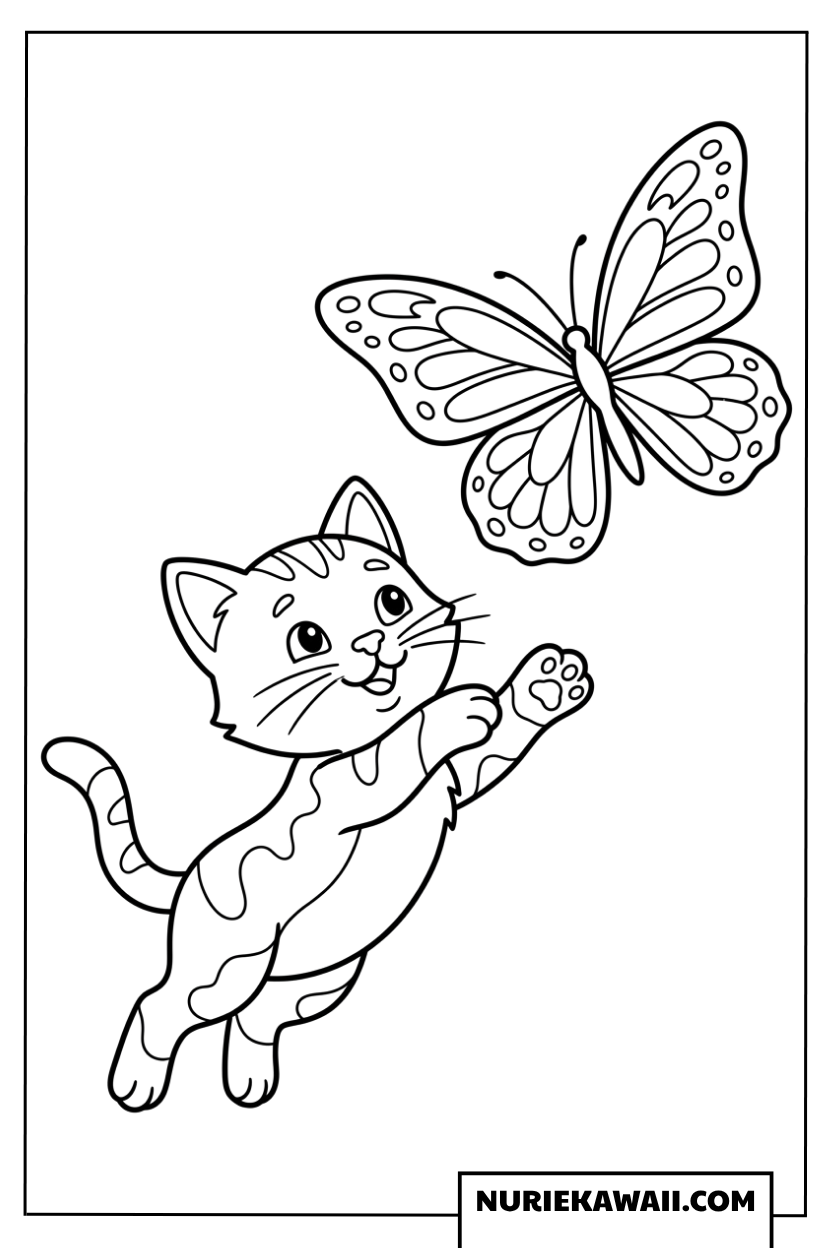 蝶々と楽しそうに遊ぶ可愛い子猫の簡単塗り絵