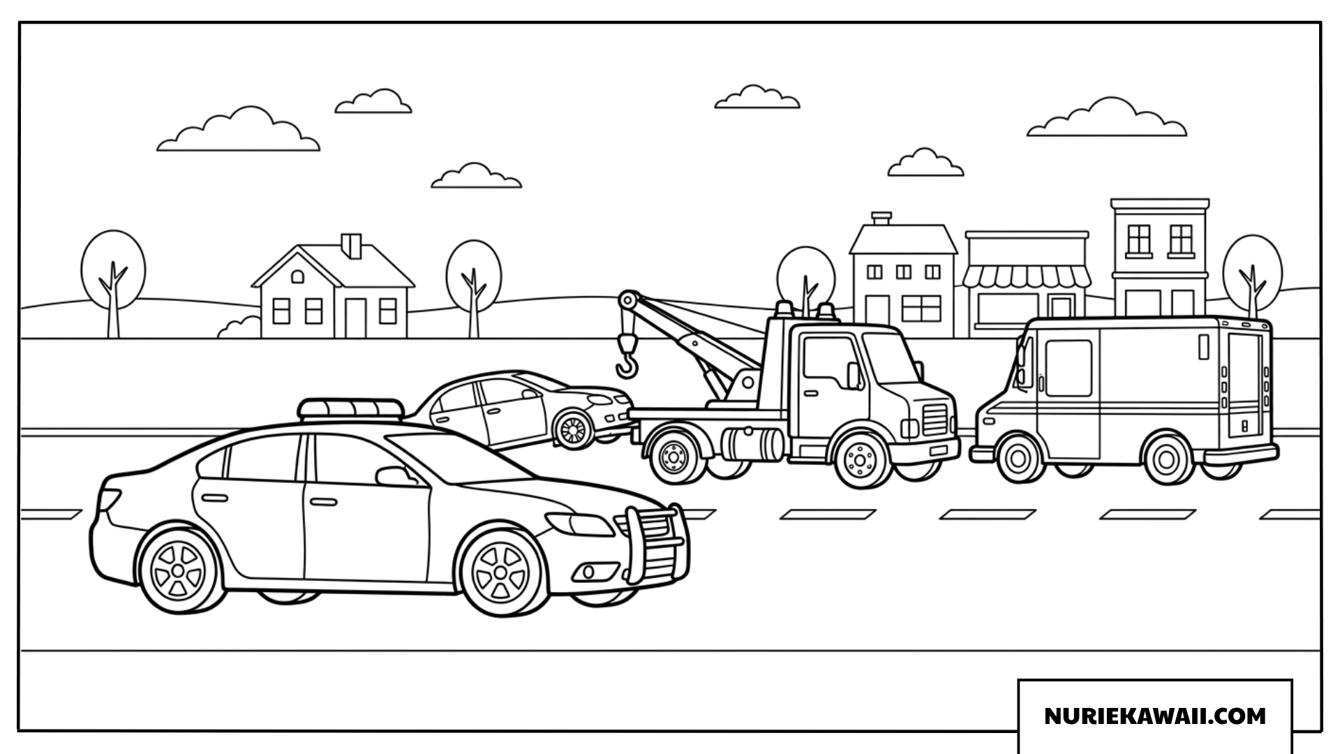 街を走るパトカーと作業車の塗り絵