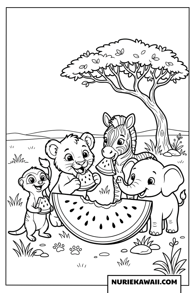西瓜を分け合って食べるサバンナの仲間たちの塗り絵