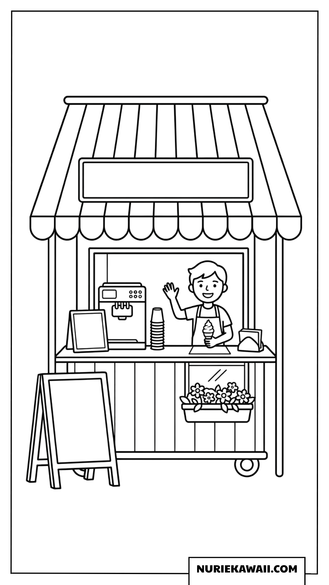 親切な店員さんが手を振る可愛いソフトクリームショップの塗り絵