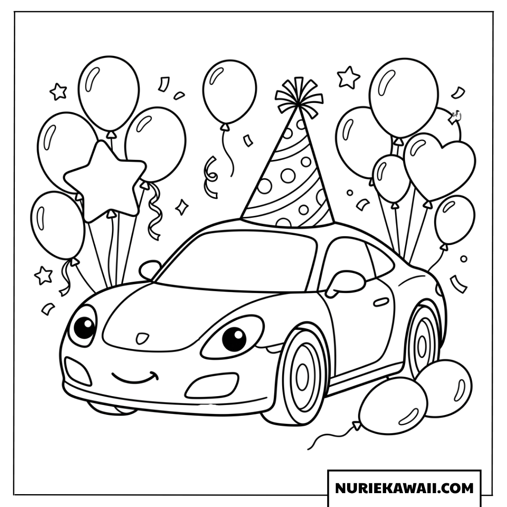 誕生日パーティーを楽しむスポーツカーの塗り絵