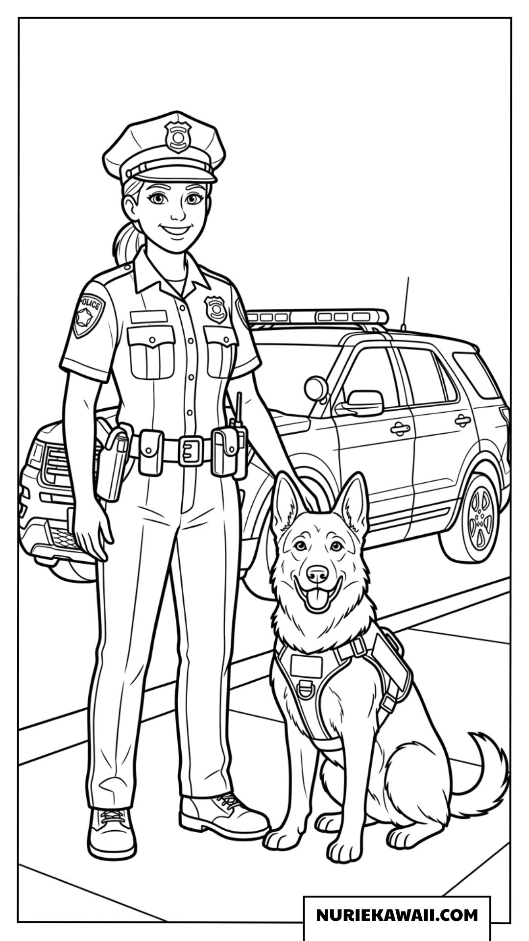 警察犬と女性警察官の塗り絵