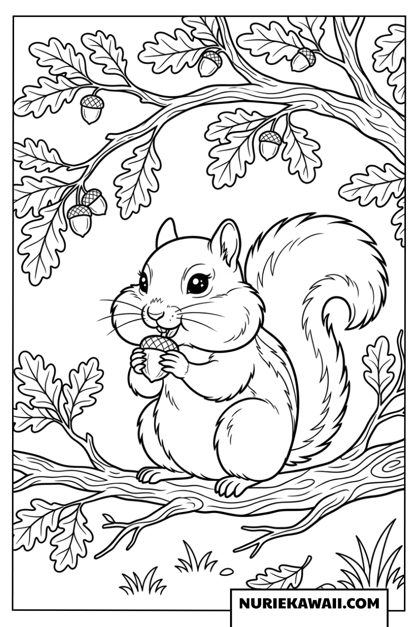 豊かな秋のオークの木の下でどんぐりを食べるリスの塗り絵