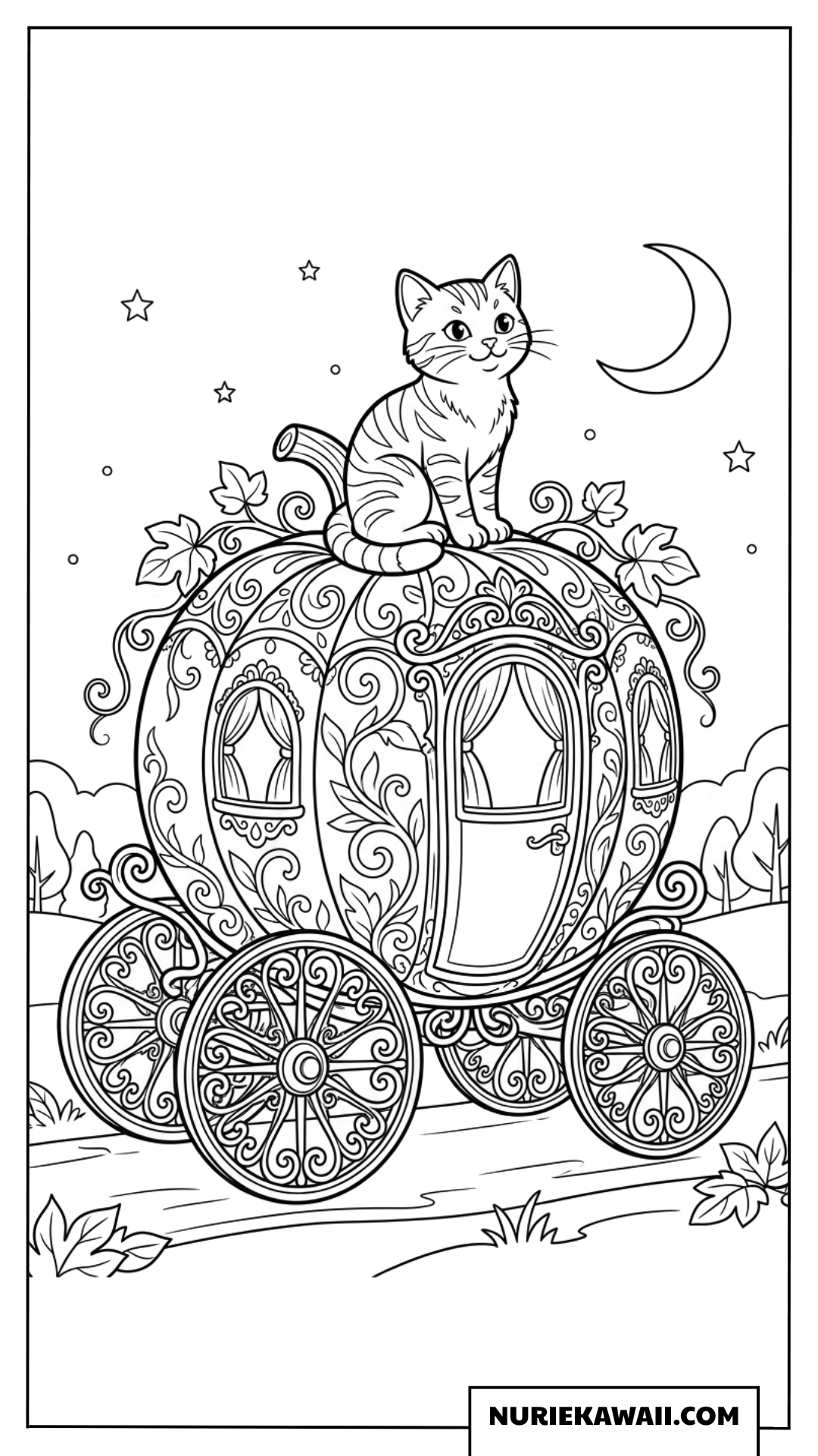 豪華なカボチャの馬車の上に座る可愛い猫の塗り絵