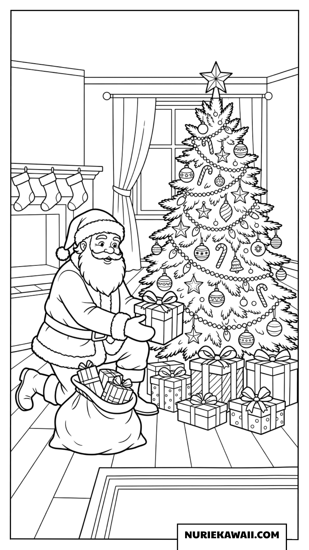 豪華なクリスマスツリーの下に優しくプレゼントを並べるサンタクロースの塗り絵
