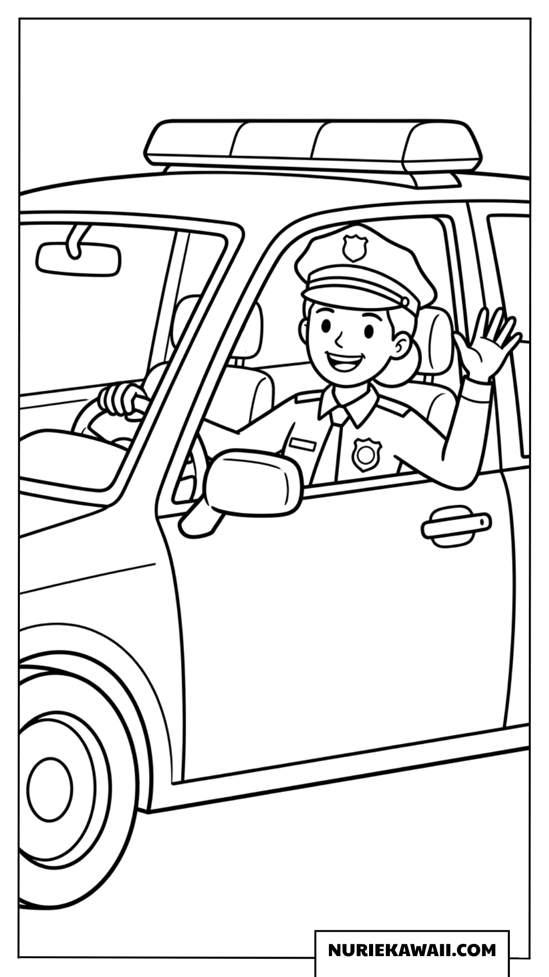 車から手を振る女性警察官の塗り絵
