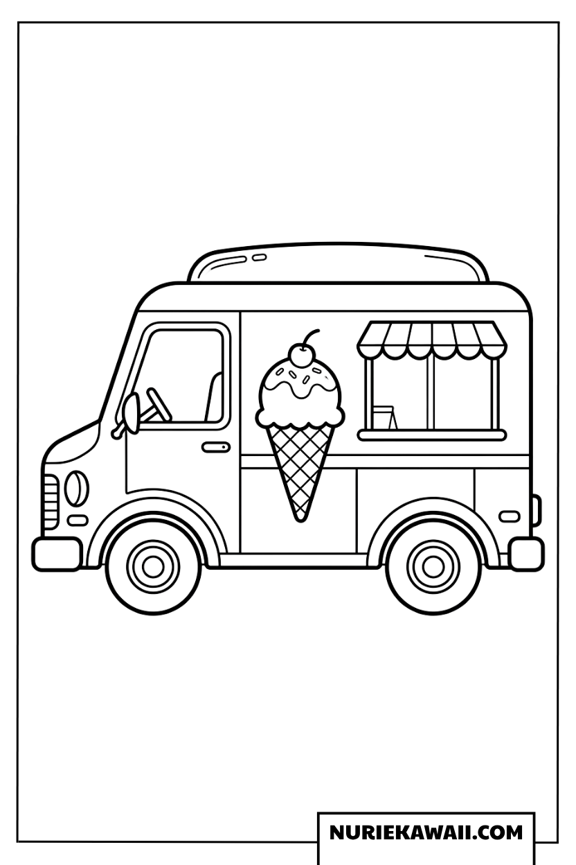 車体に大きなアイスが描かれたアイスクリームカーの塗り絵