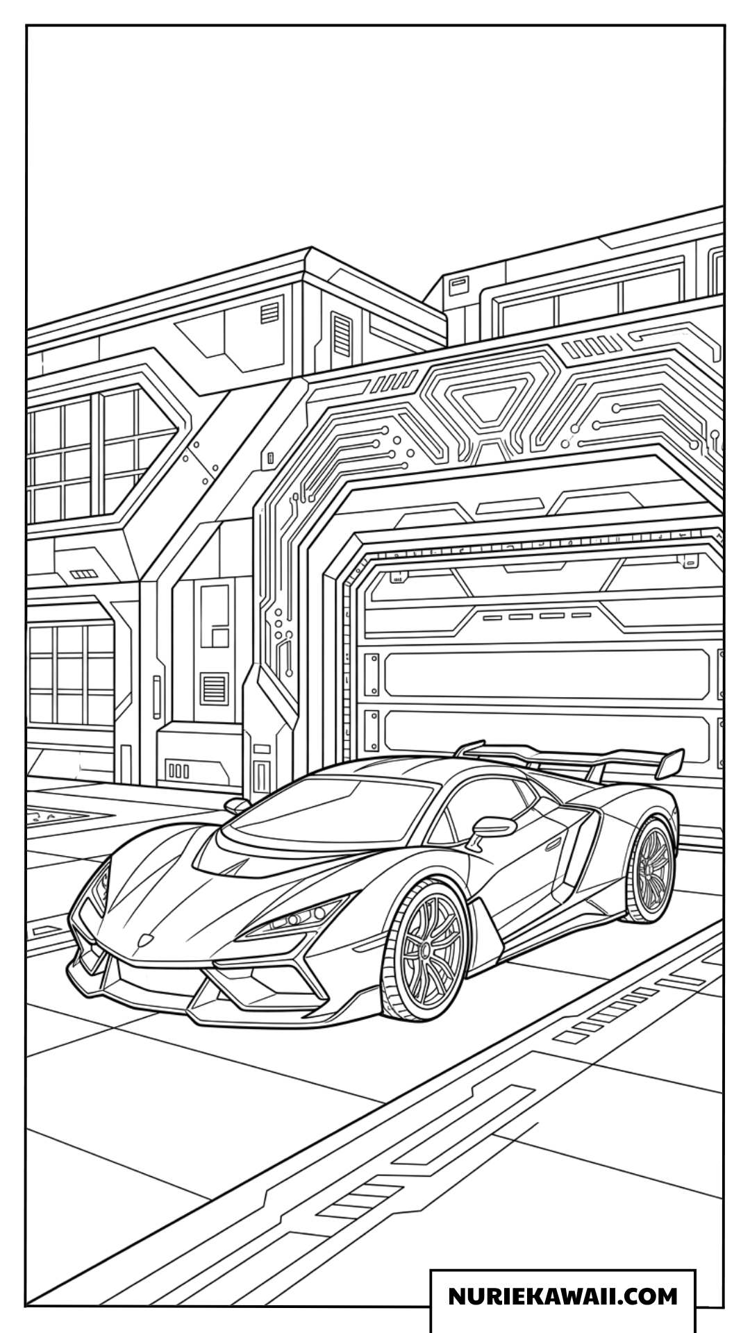 近未来ガレージとスーパーカーの塗り絵