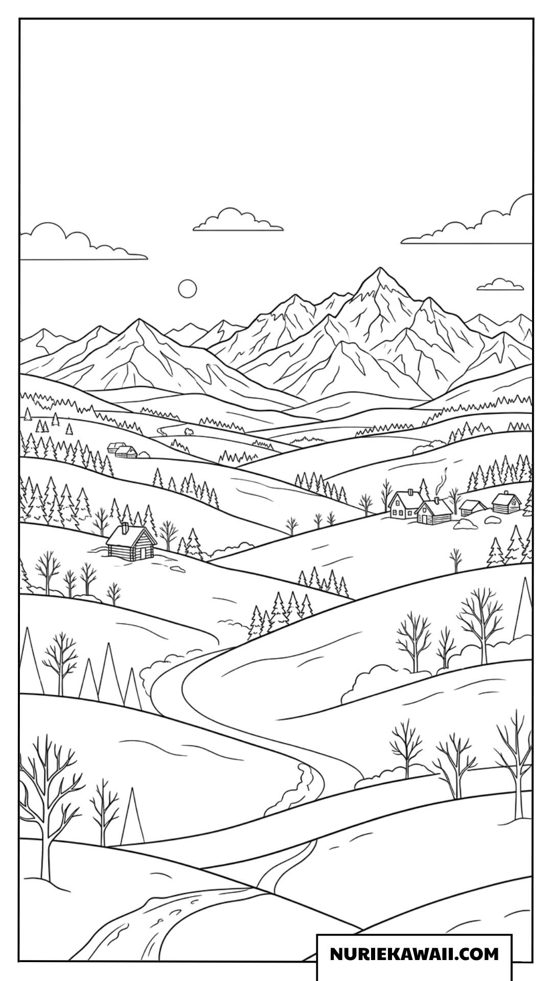 連なる雪山と広大な丘陵地帯に佇む小屋の冬景色塗り絵