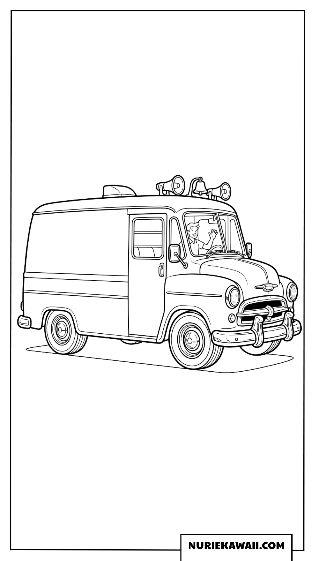 運転手が手を振るレトロなアイスクリームカーの塗り絵