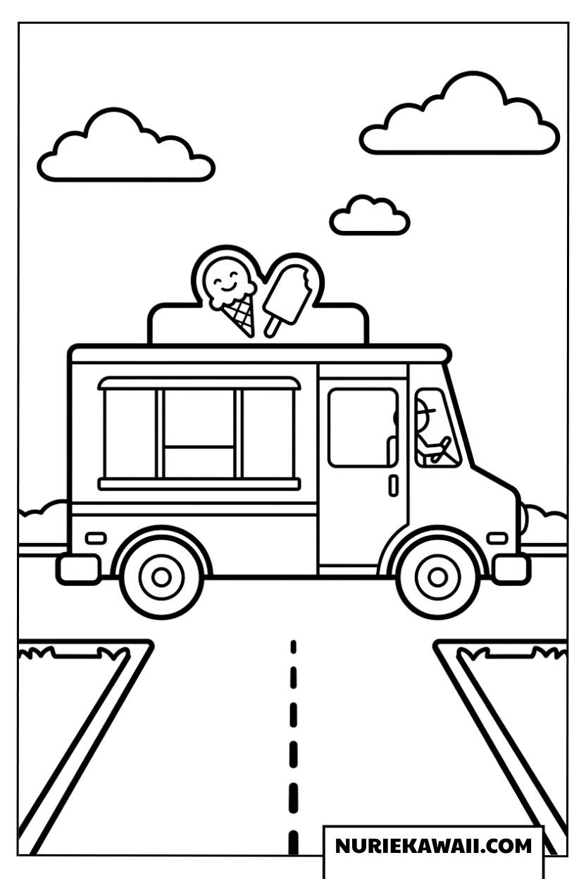 道路を走るアイスクリームカーの塗り絵