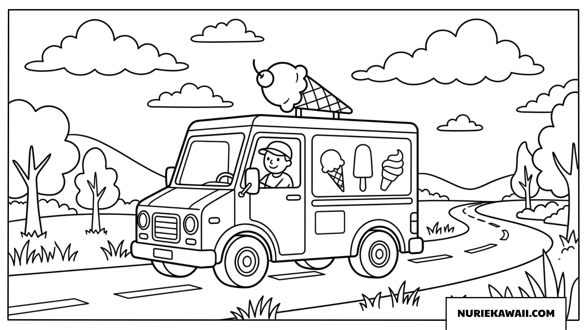 道路を走る可愛いアイスクリームトラックの塗り絵