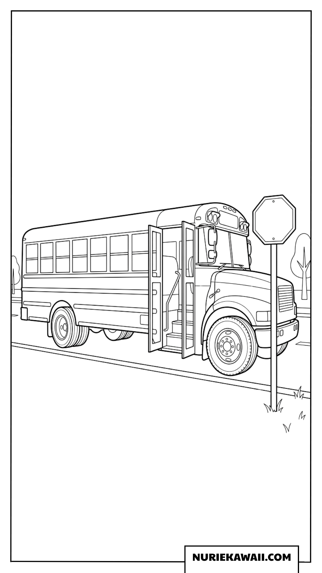 道路脇の停留所でドアを開けて停まる通学バスの塗り絵