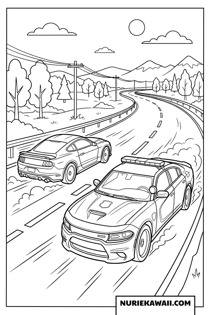 郊外の道路で追跡劇を繰り広げるパトカーの塗り絵
