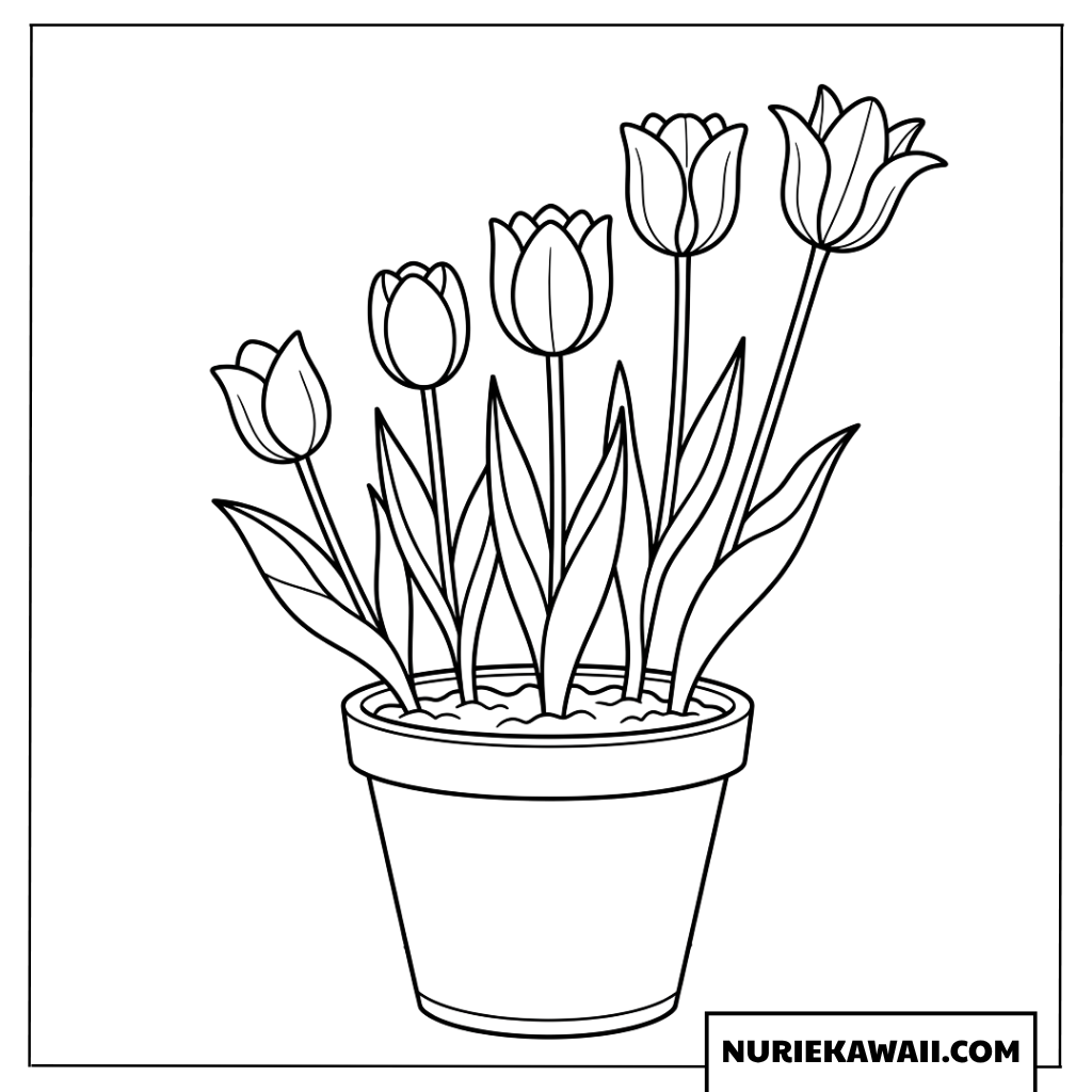 鉢植えに入ったチューリップの塗り絵