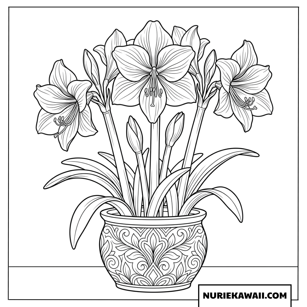 陶器の鉢に活けられたアマリリスの塗り絵