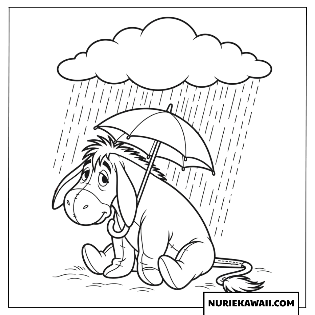 雨の中で小さな傘をさして座るロバのイーヨーの塗り絵