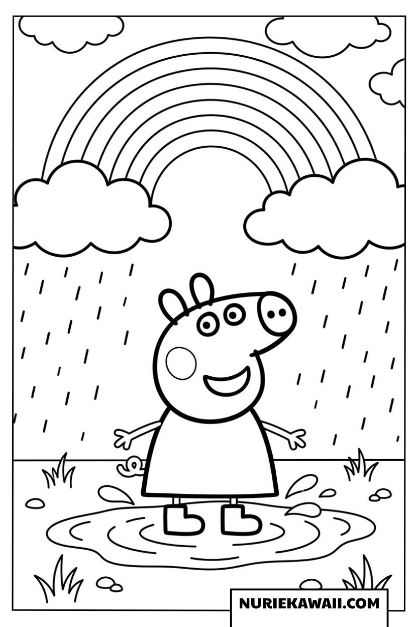 雨上がりにかかる虹と泥の水たまりに立つペッパピッグの塗り絵