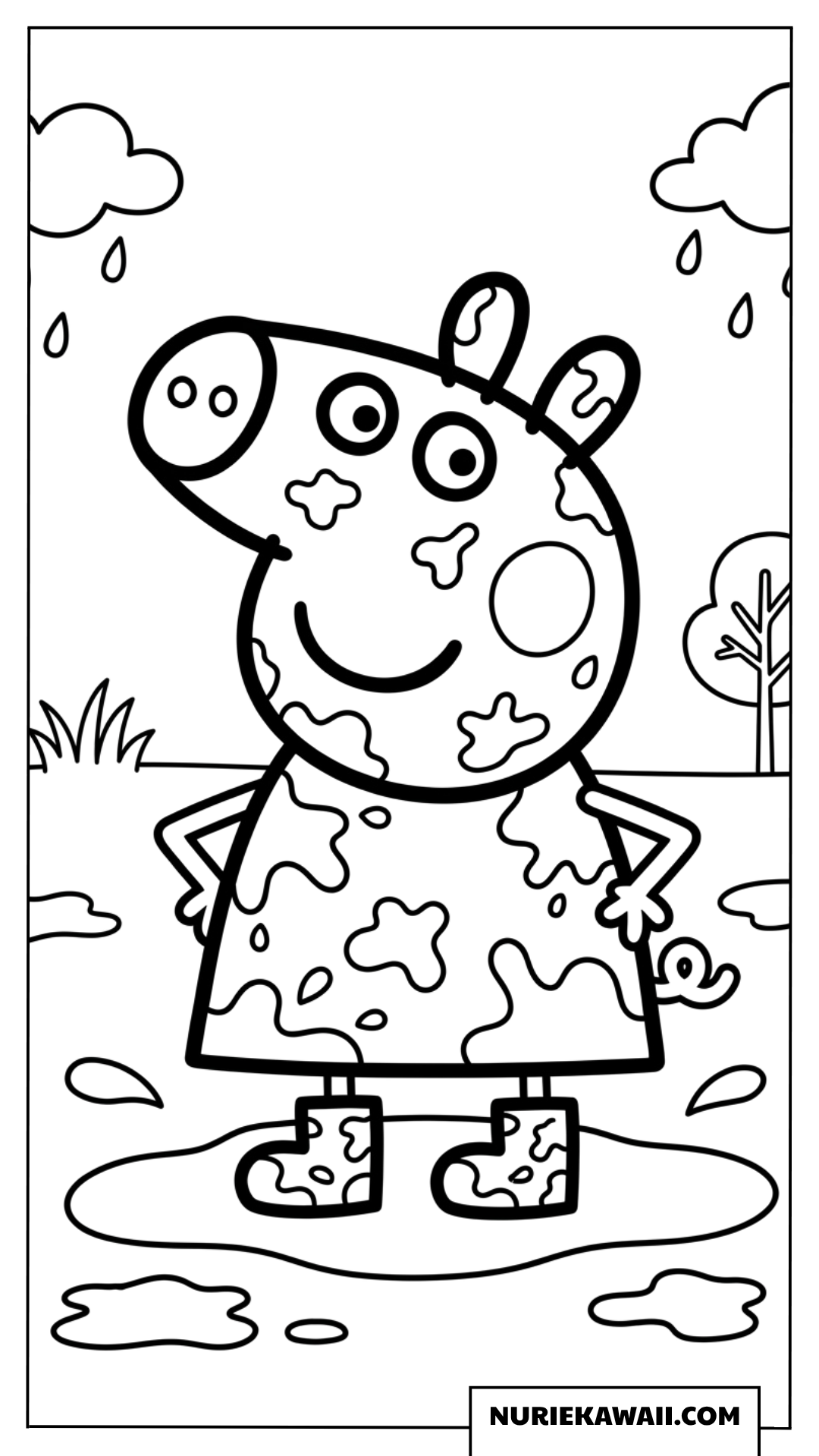 雨上がりの小さな泥水たまりで体中に泥をつけたペッパピッグの可愛い塗り絵
