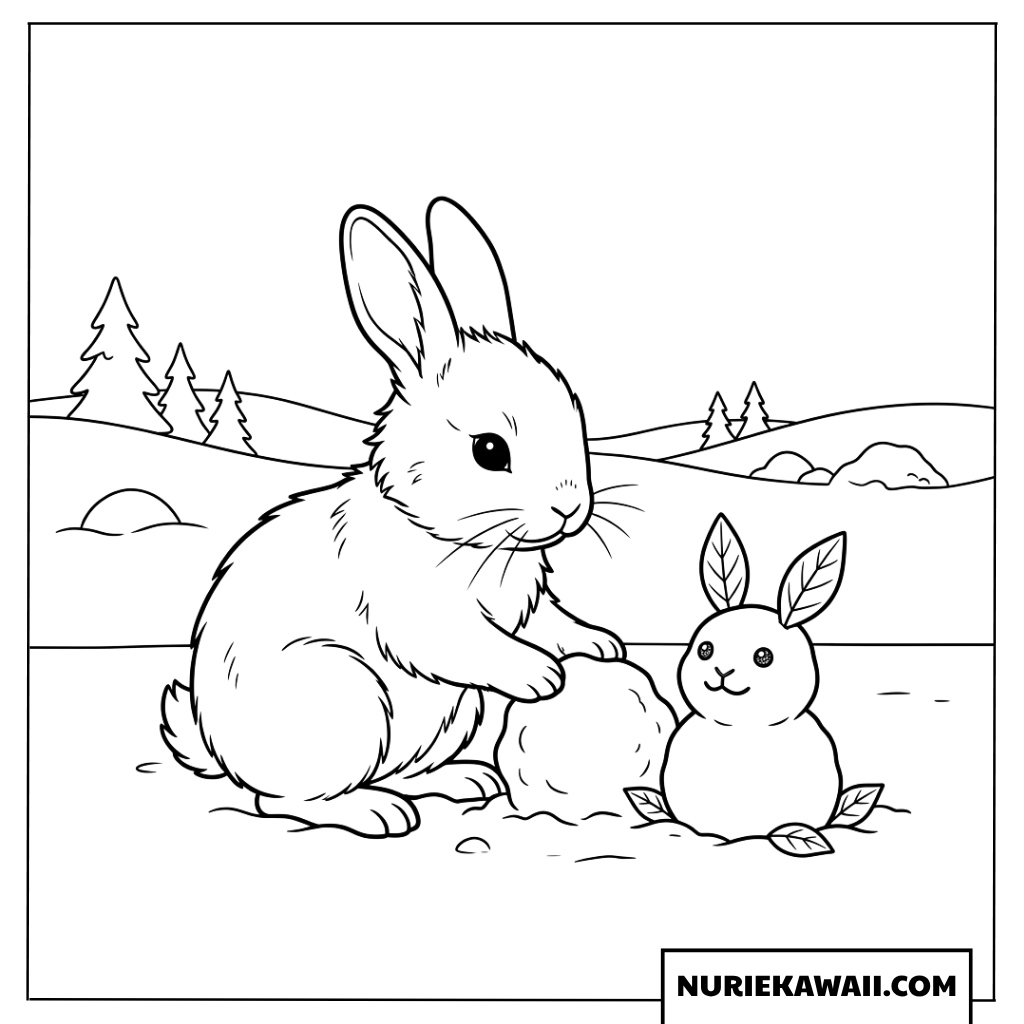 雪うさぎを上手に作る可愛い子ウサギの冬の塗り絵