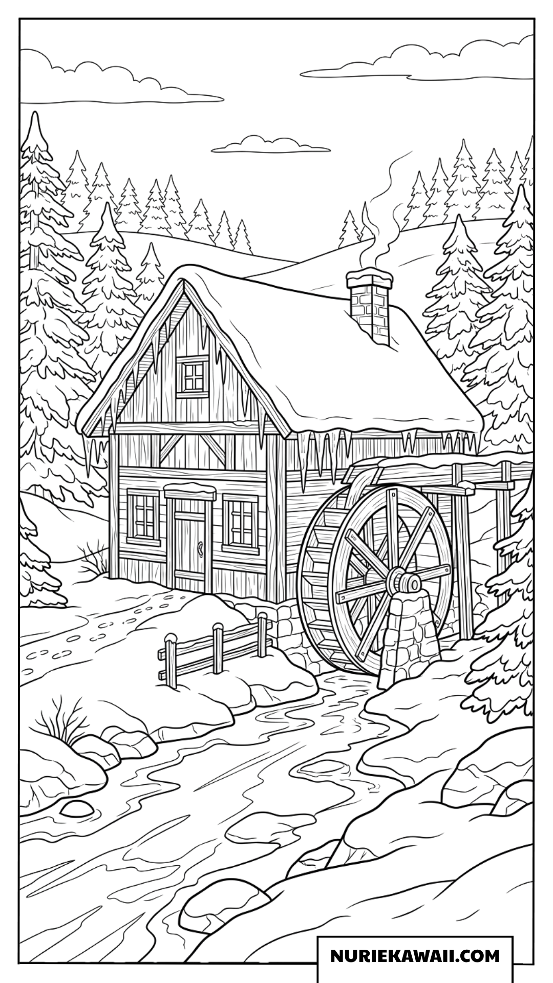 雪が積もる古い木造の水車小屋と冬の清流の風景塗り絵