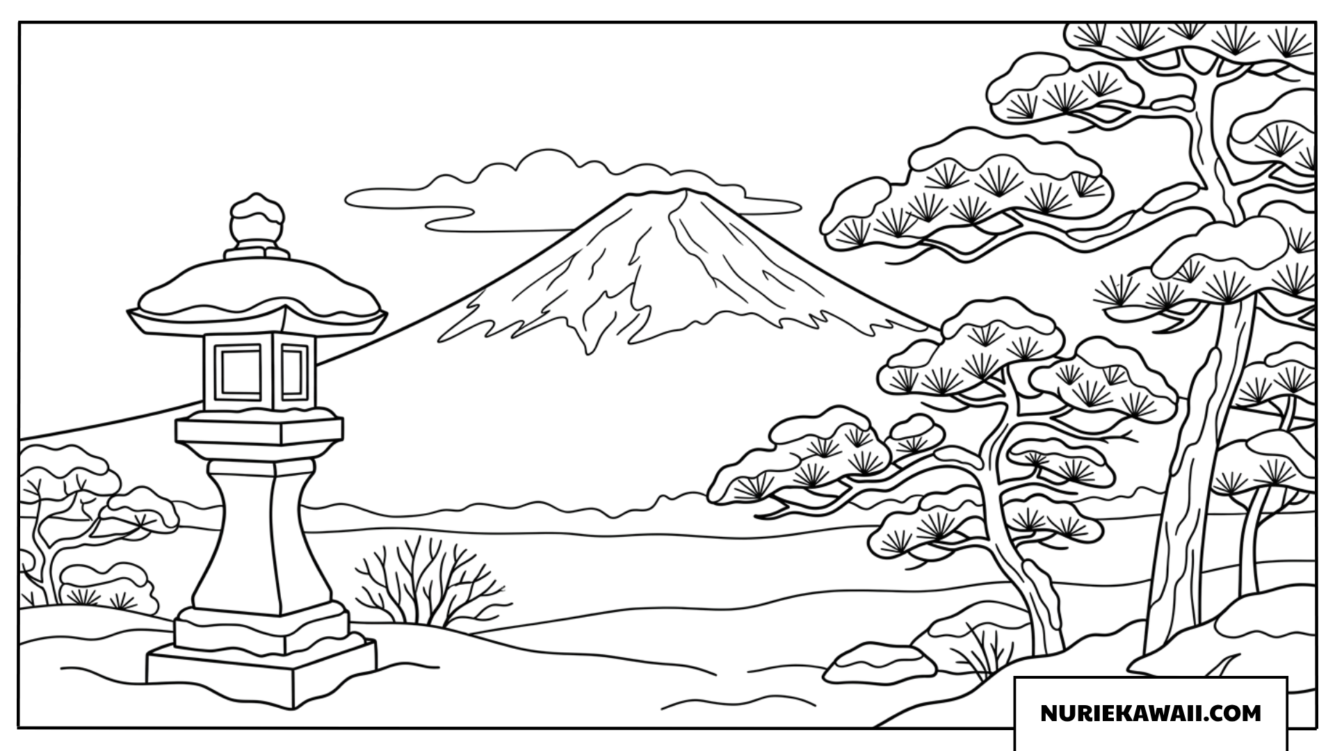 雪が積もる石灯籠と松の木越しに眺める冬の富士山風景塗り絵