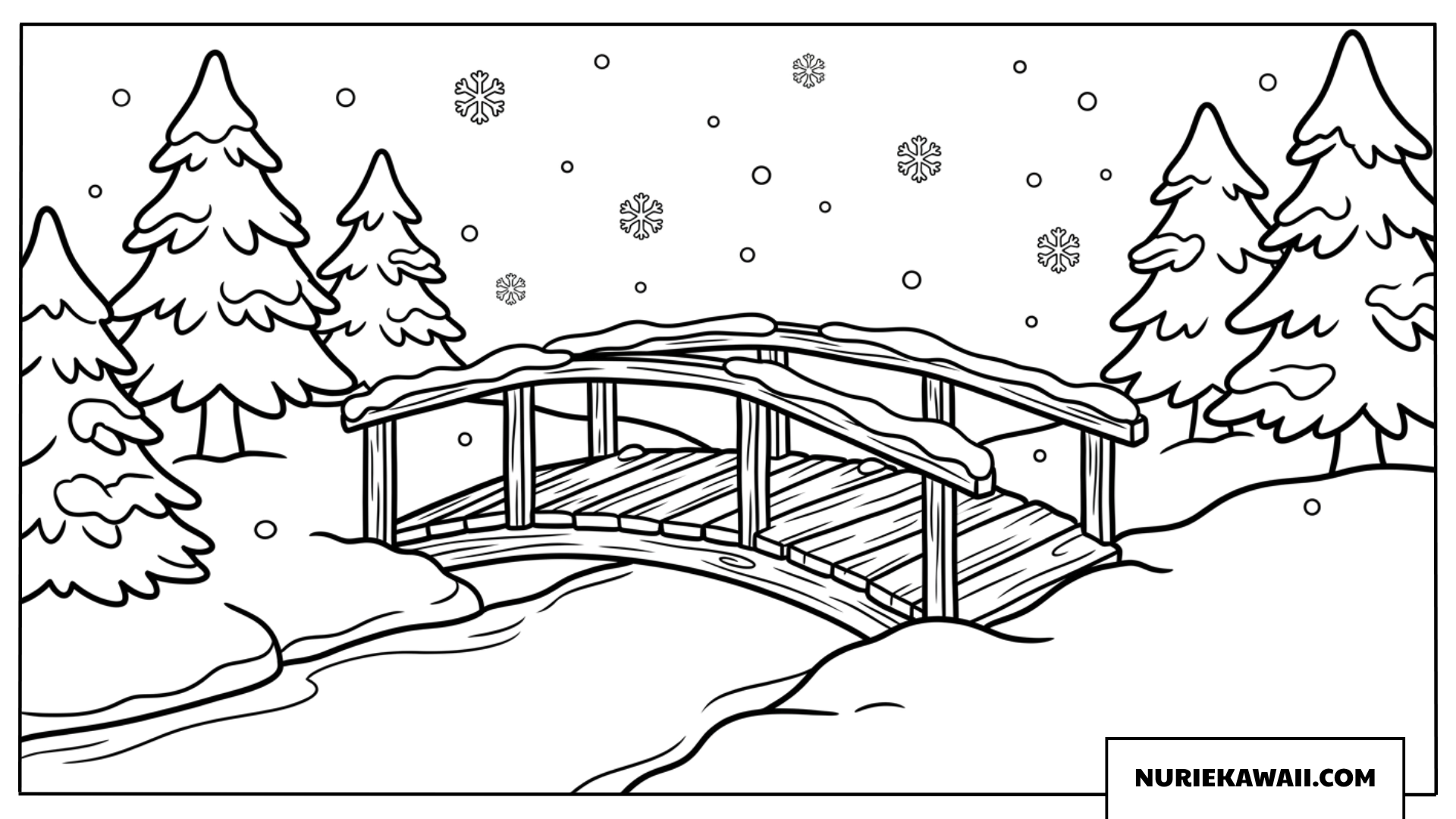 雪が舞う冬の森で凍りついた川に架かる小さな木造の橋の風景塗り絵