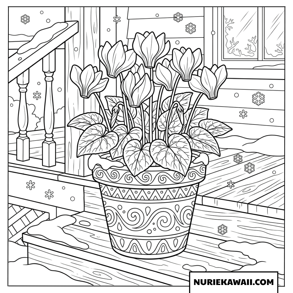 雪が降るウッドデッキに置かれた華やかなシクラメンの鉢植えの塗り絵