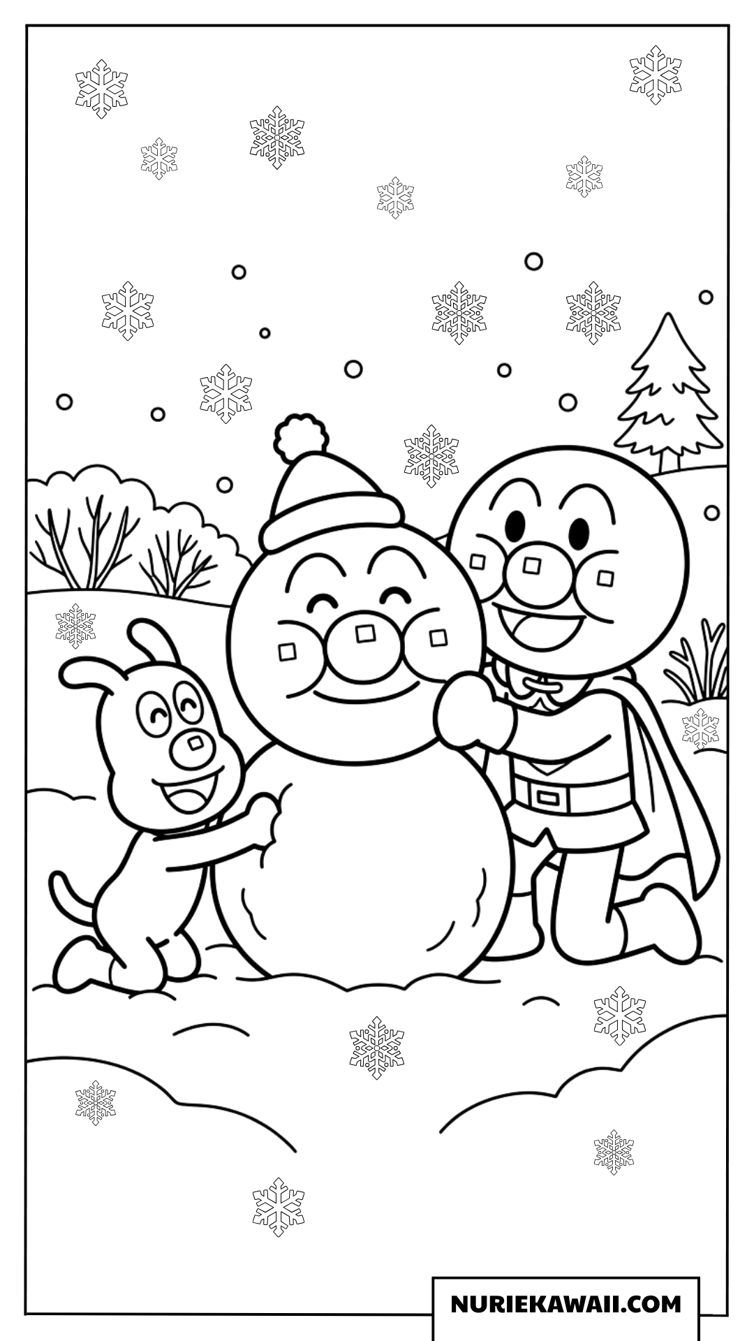 雪が降る中でアンパンマンとチーズが一緒に雪だるまを作る可愛い塗り絵