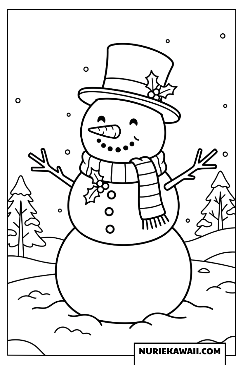 雪が降る中で暖かいマフラーと帽子をかぶった可愛い雪だるまの塗り絵