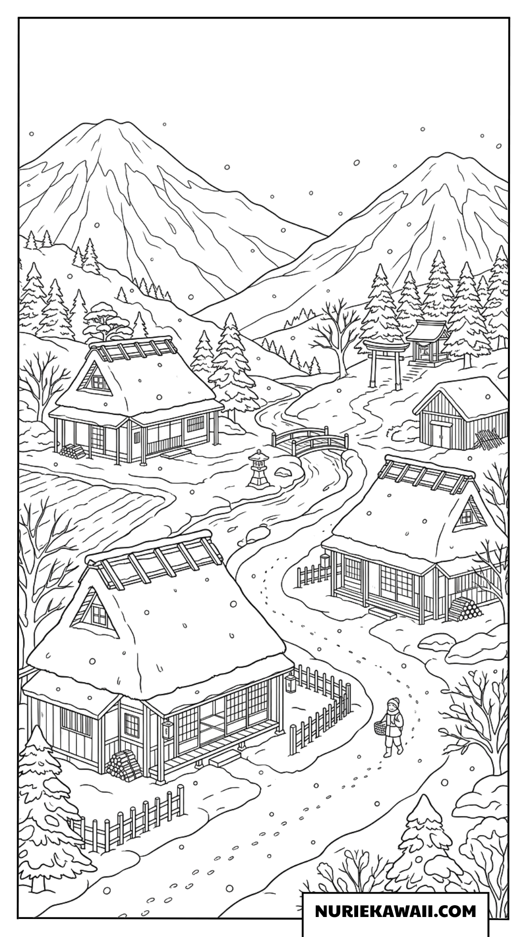 雪が降る冬の日本の茅葺き屋根の古い集落の塗り絵