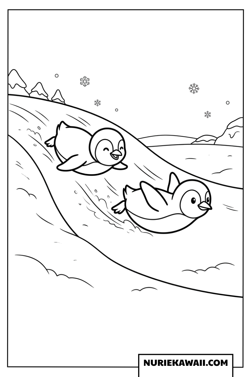 雪の丘を楽しく滑り降りる2羽の可愛いペンギンの塗り絵