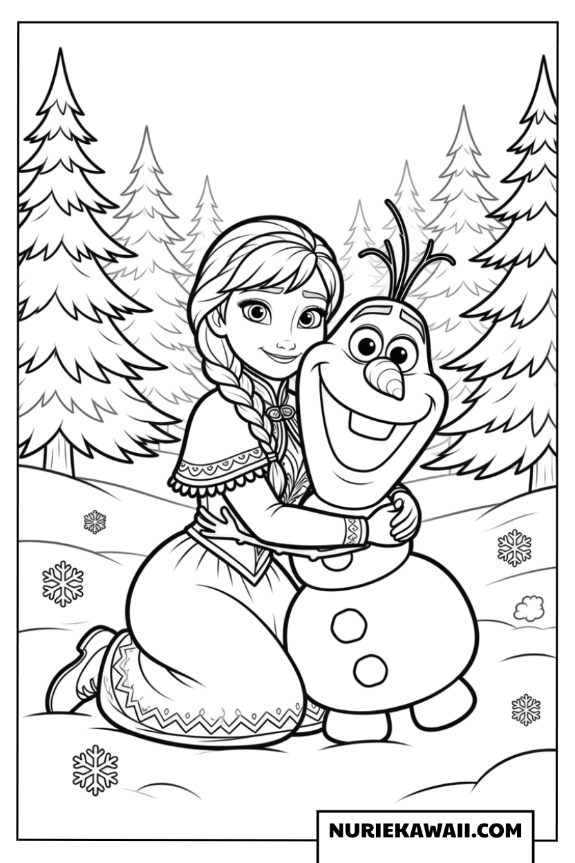 雪の森の中でオラフを優しく抱きしめるアナの塗り絵