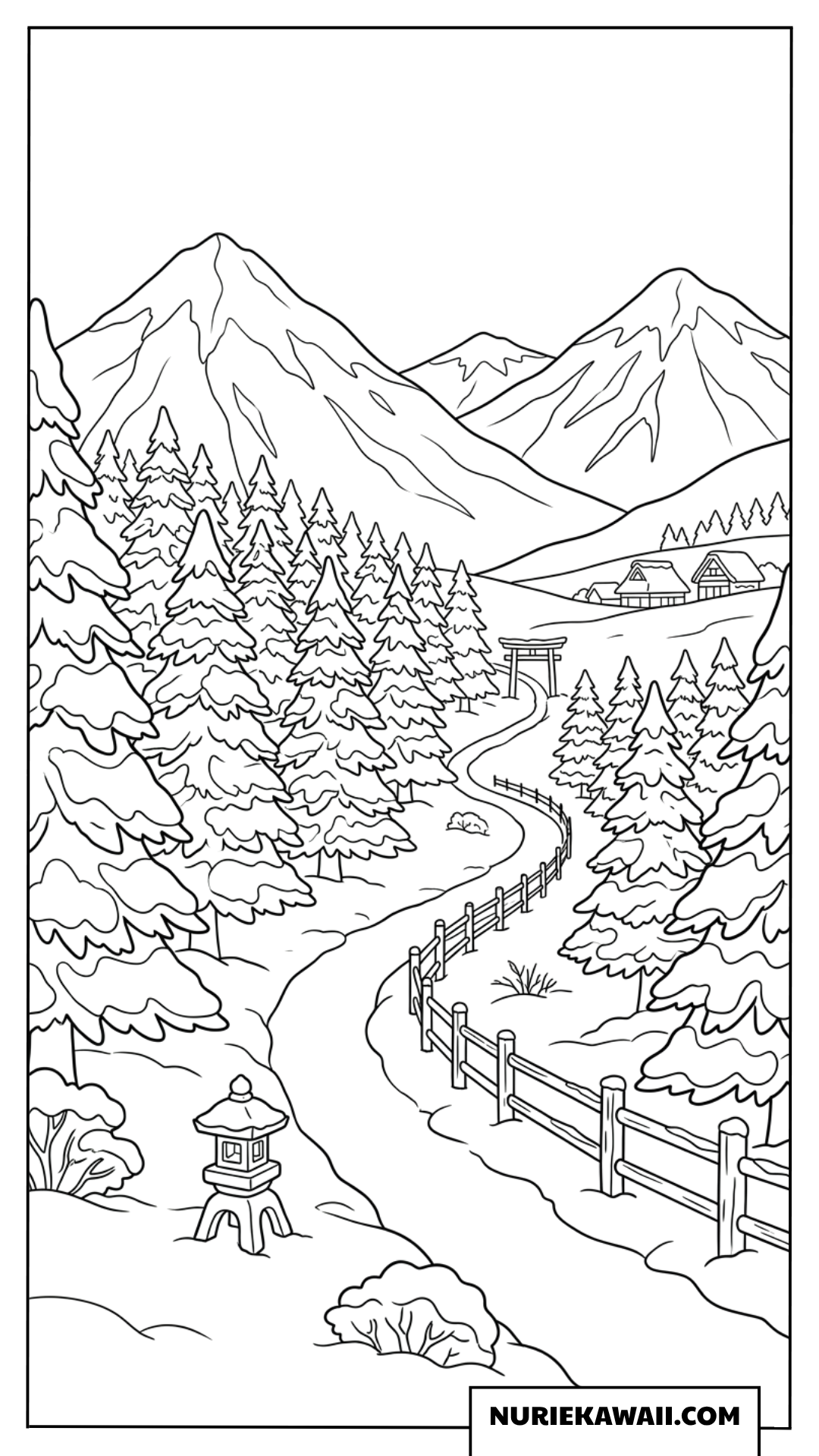雪の積もる針葉樹林と鳥居へ続く山道の冬の風景塗り絵