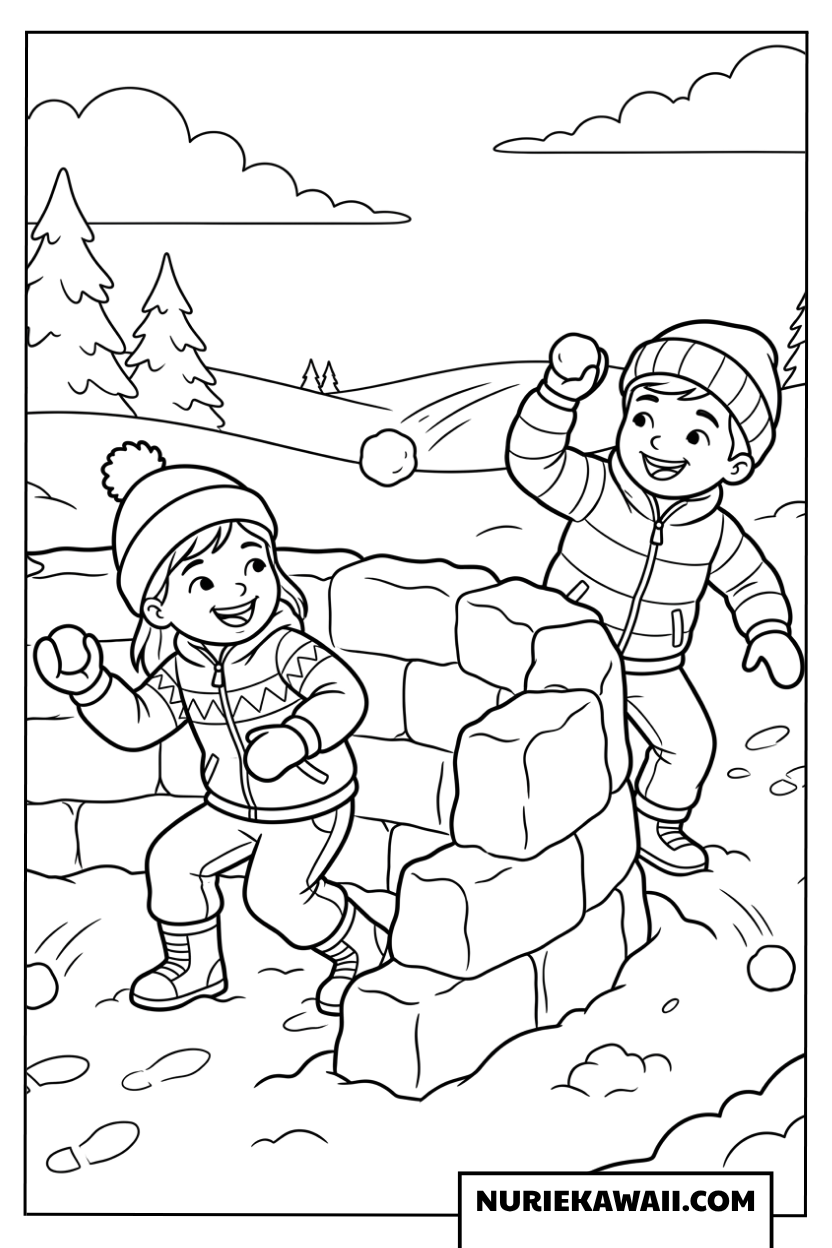 雪合戦で元気に遊ぶ子供たちの冬の遊び塗り絵
