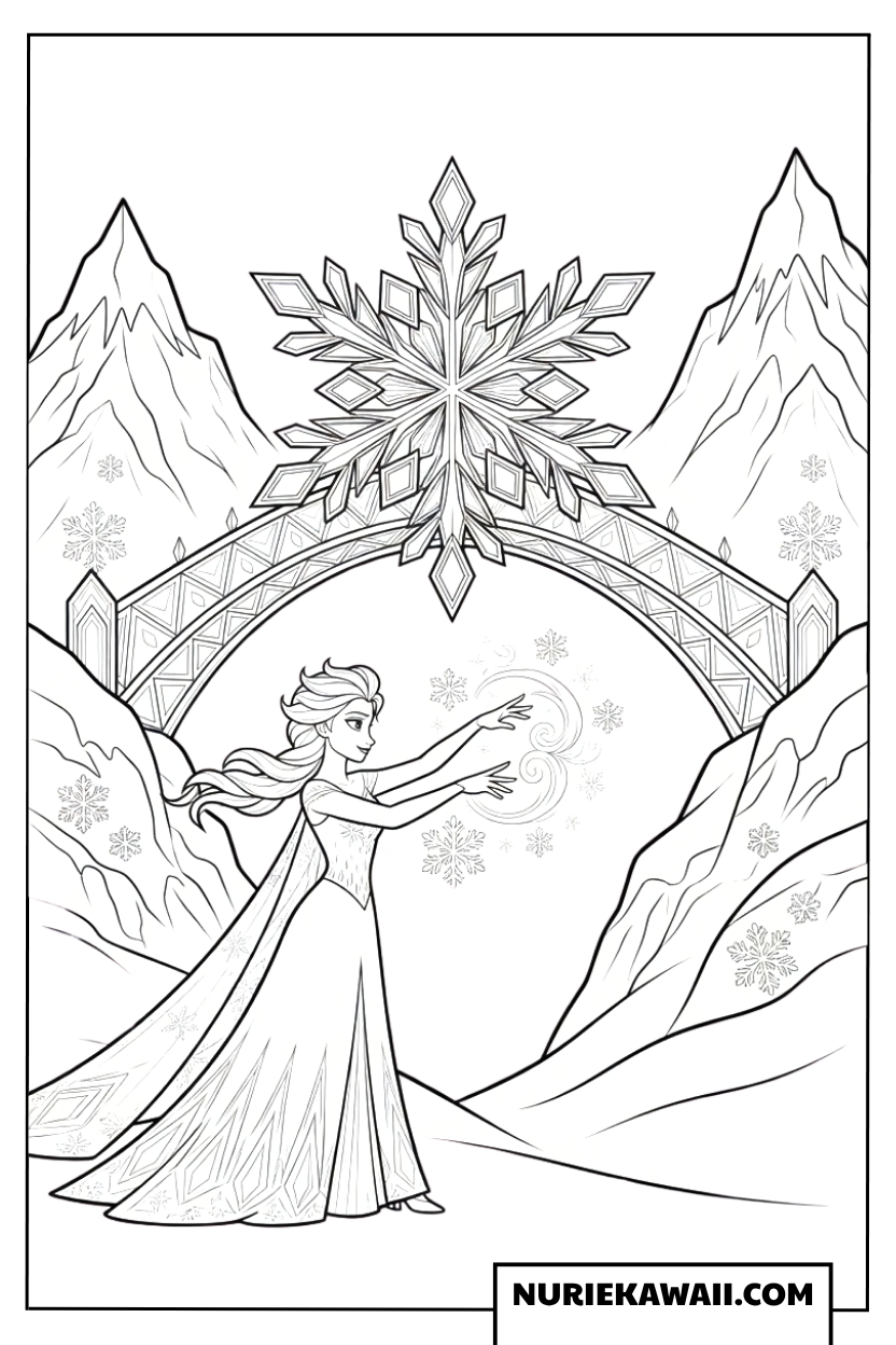 雪山と巨大な氷の結晶の下で魔法を放つエルサの塗り絵
