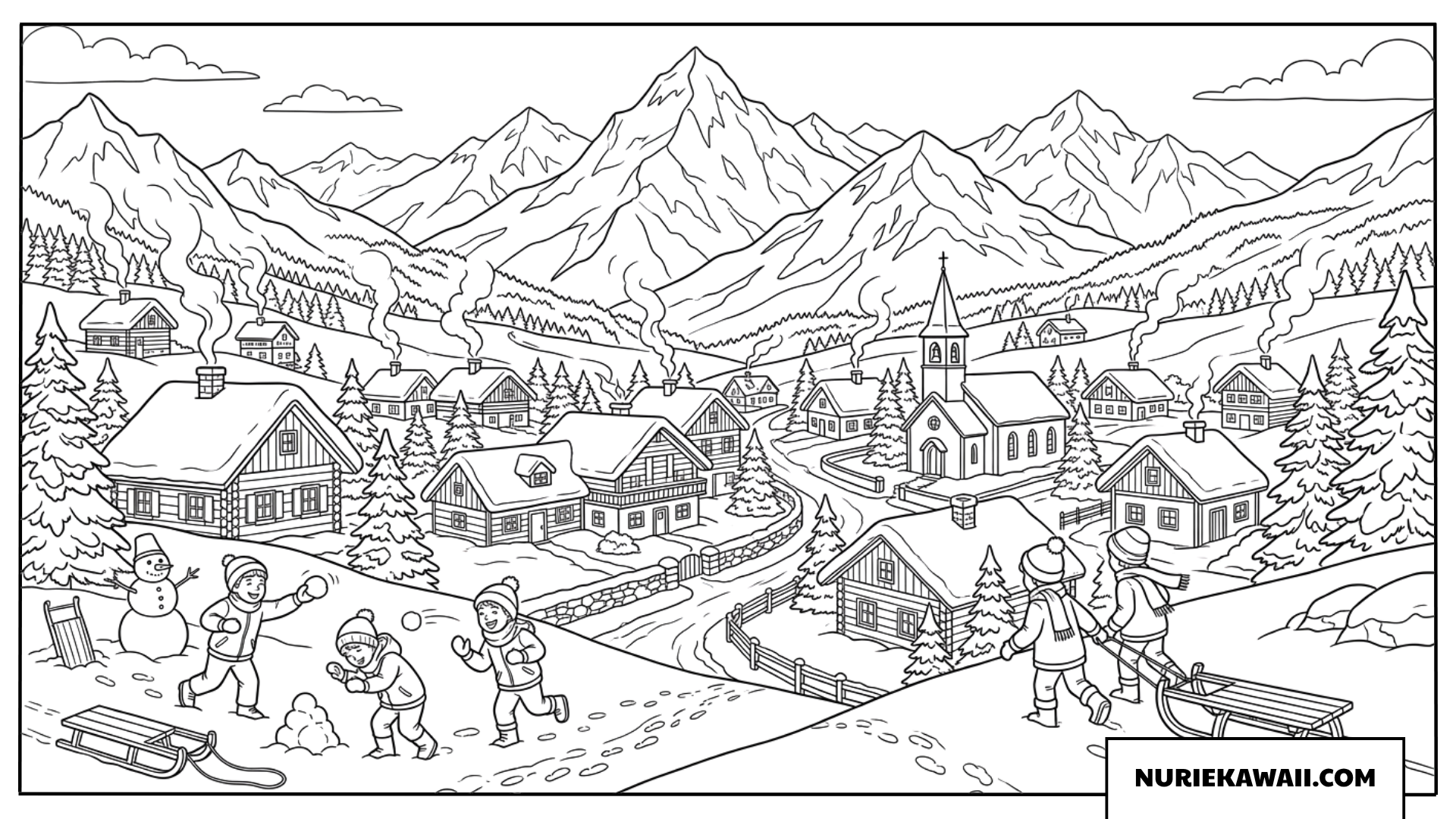 雪山に囲まれたのどかな冬の村の風景塗り絵