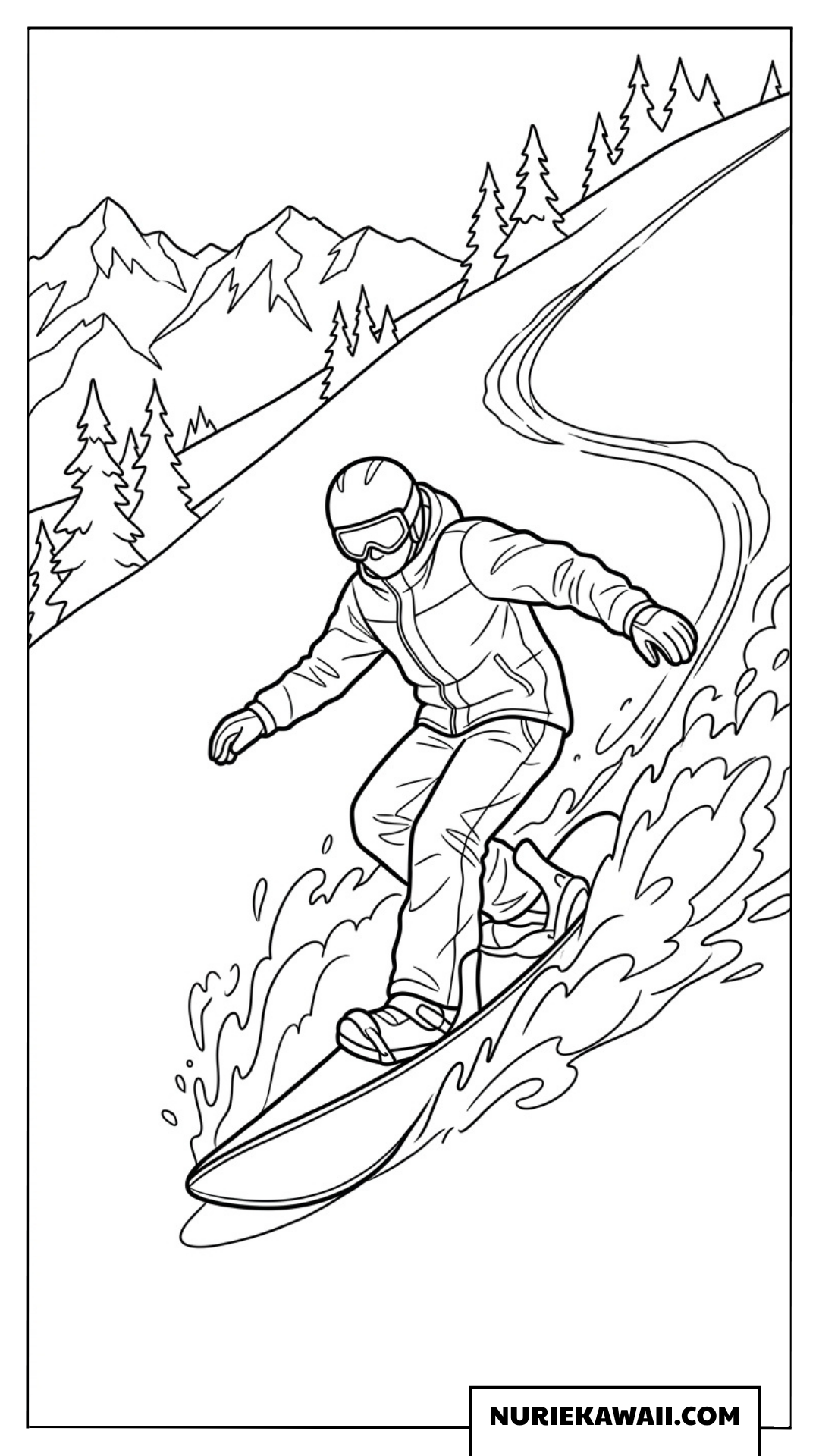 雪山を豪快に滑り降りるスノーボードの冬の遊び塗り絵