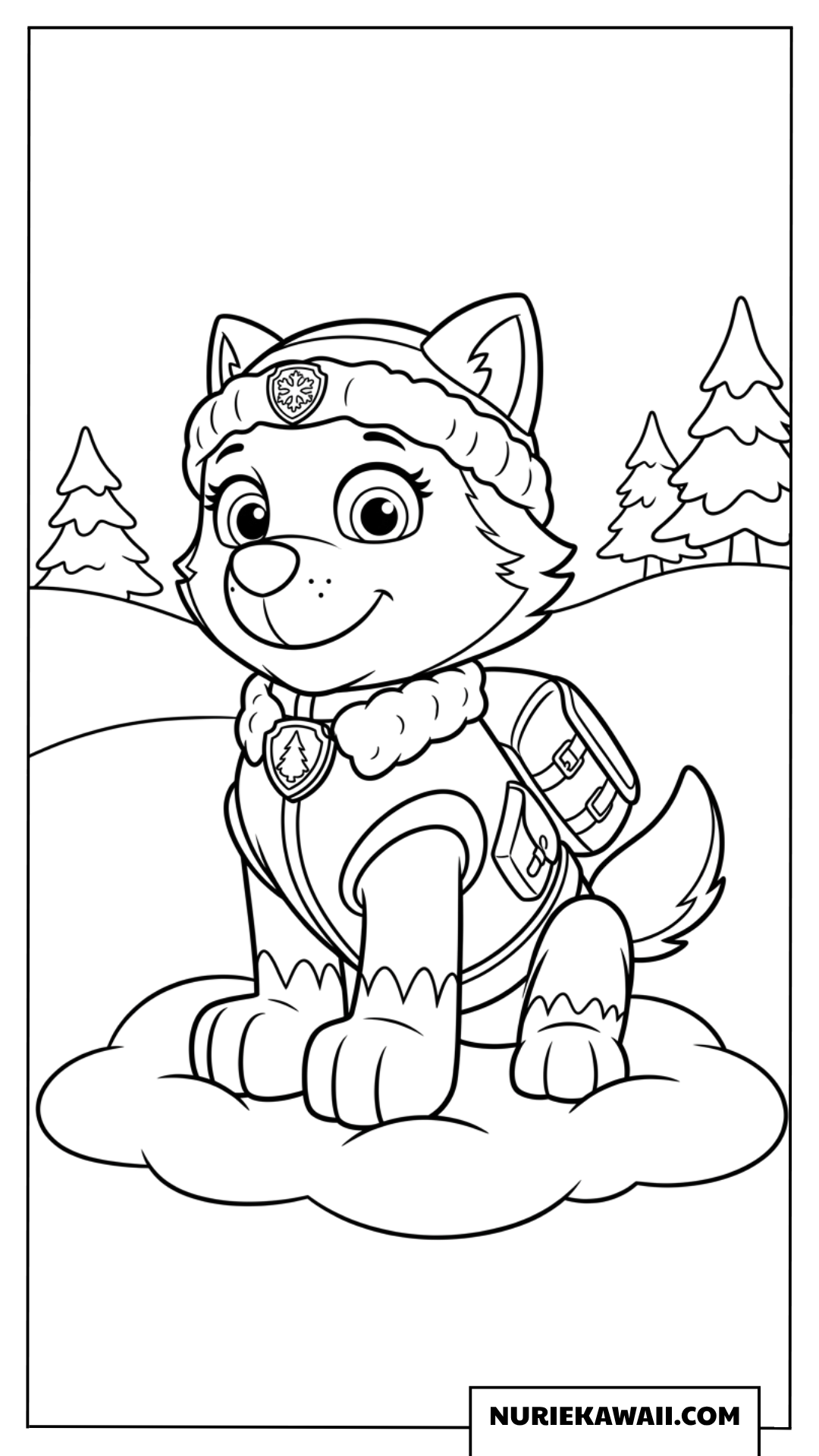 雪景色と松の木に囲まれて座るハスキー犬のエベレストの 塗り絵