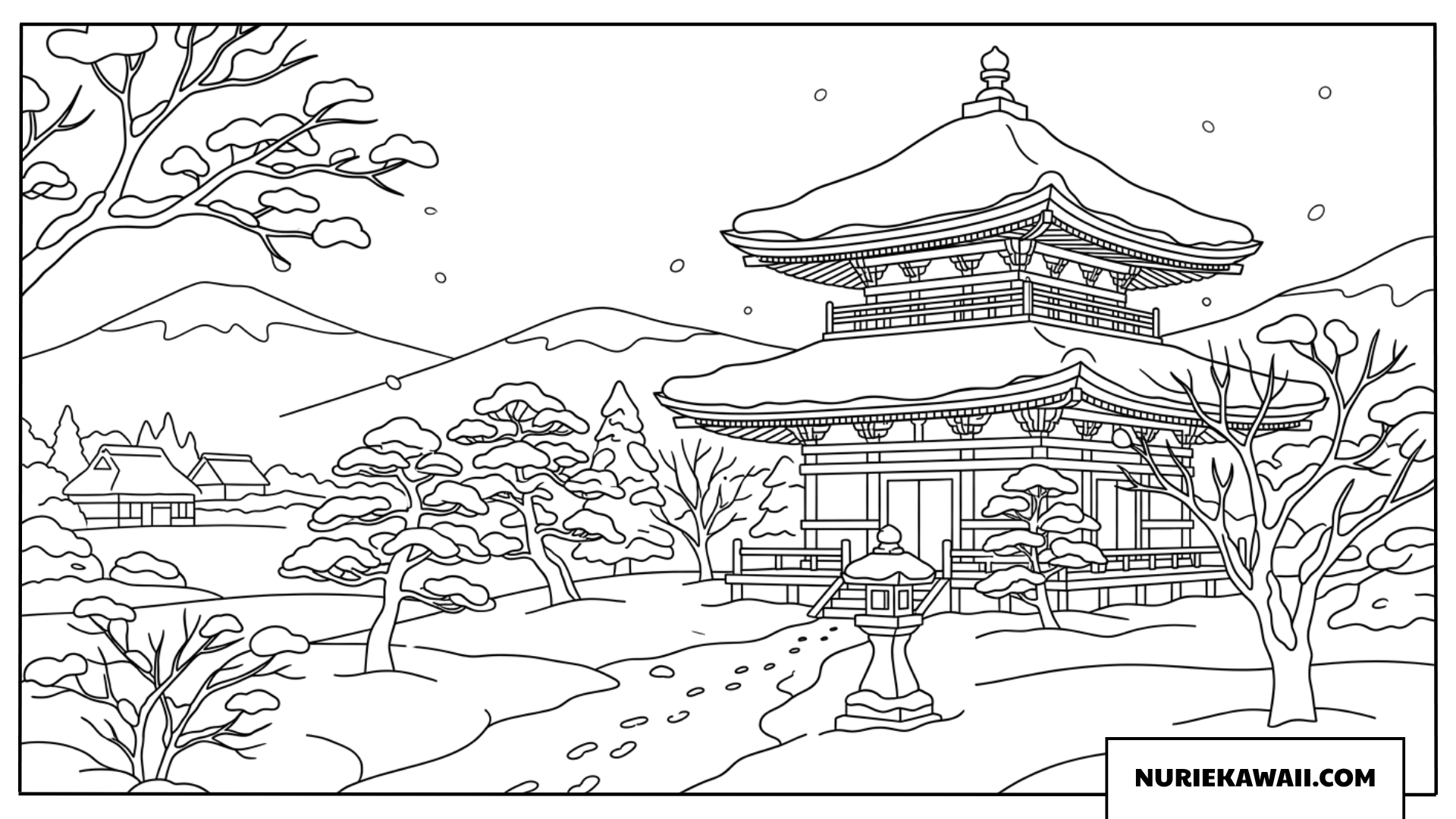 雪景色に包まれた風情ある日本の伝統的なお寺の塗り絵