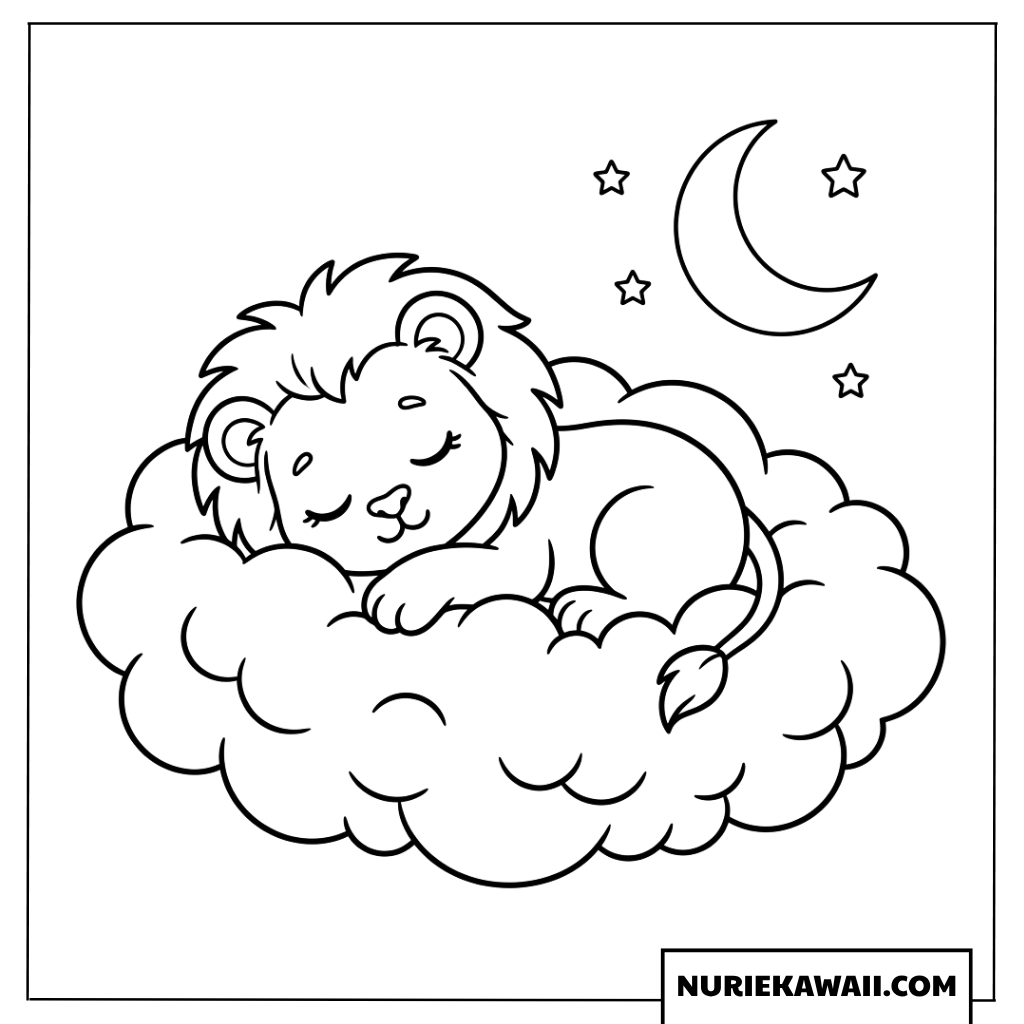 雲の上でお昼寝するライオンの塗り絵