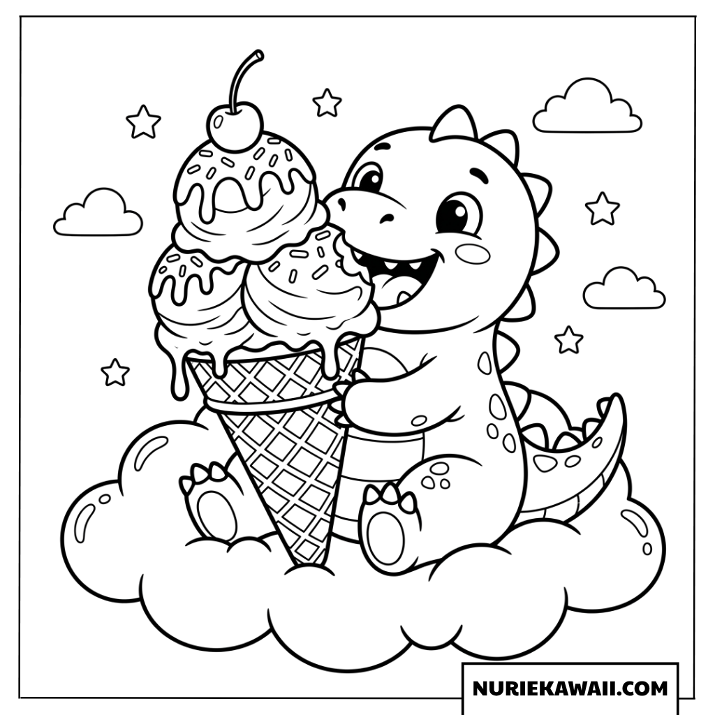 雲の上で大きなアイスを食べる恐竜塗り絵