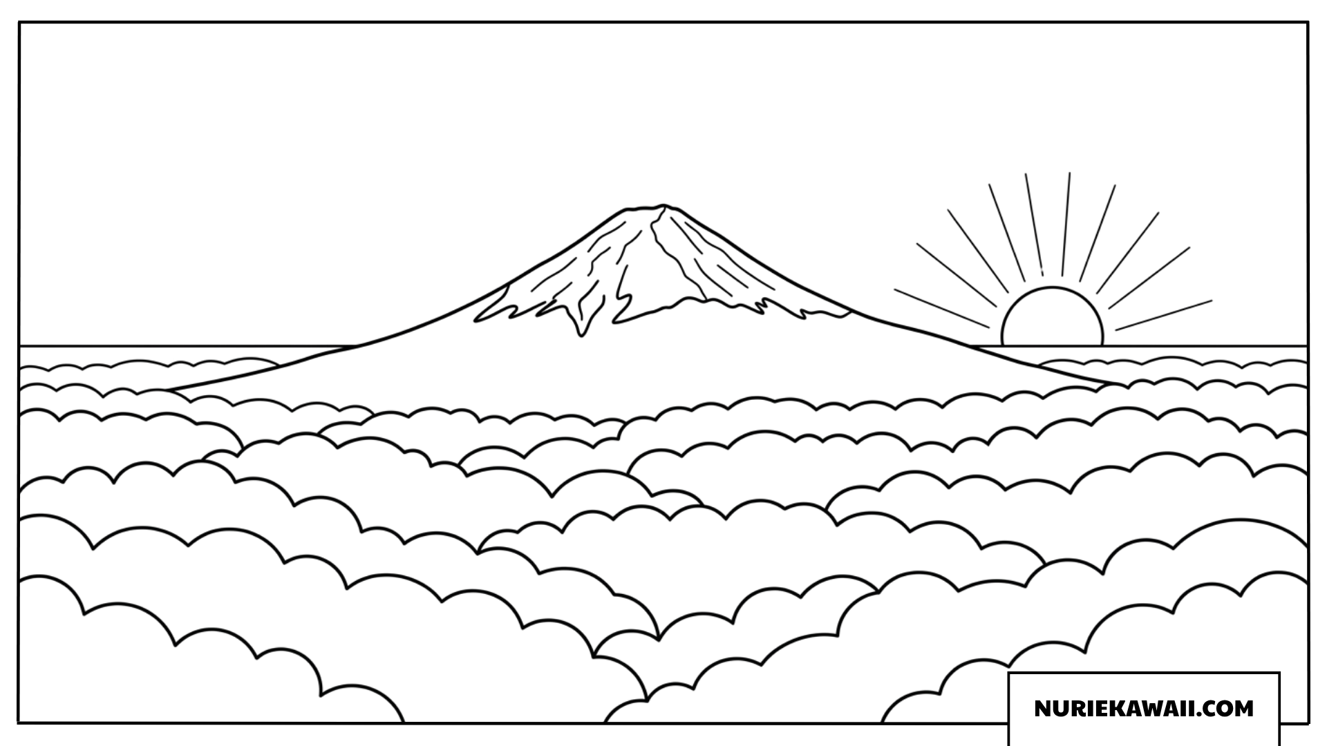 雲海からそびえ立つ富士山と鮮やかな初日の出の冬景色塗り絵