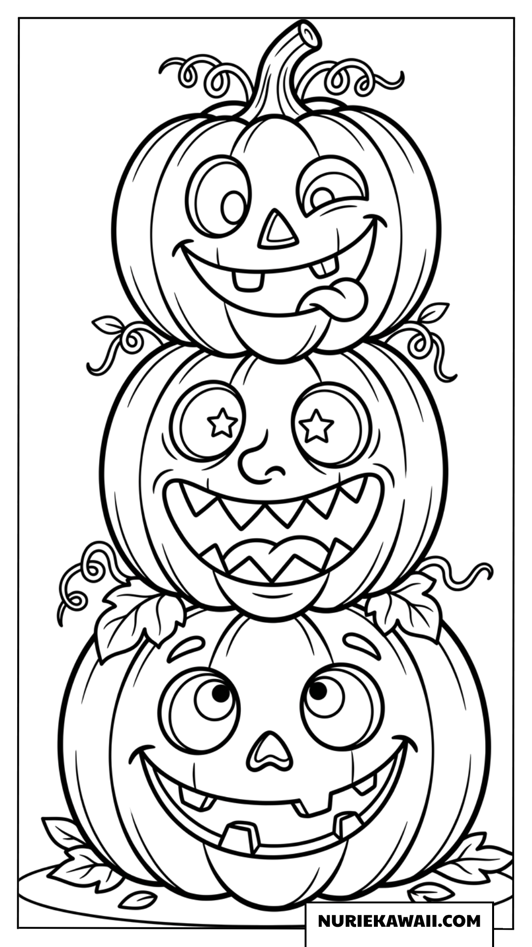 面白い表情をした三段重ねのハロウィンカボチャの塗り絵