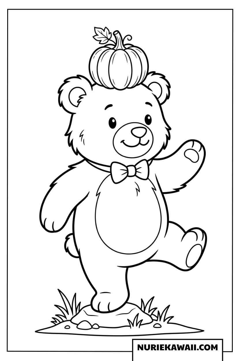 頭に小さなカボチャを乗せた可愛いクマの塗り絵