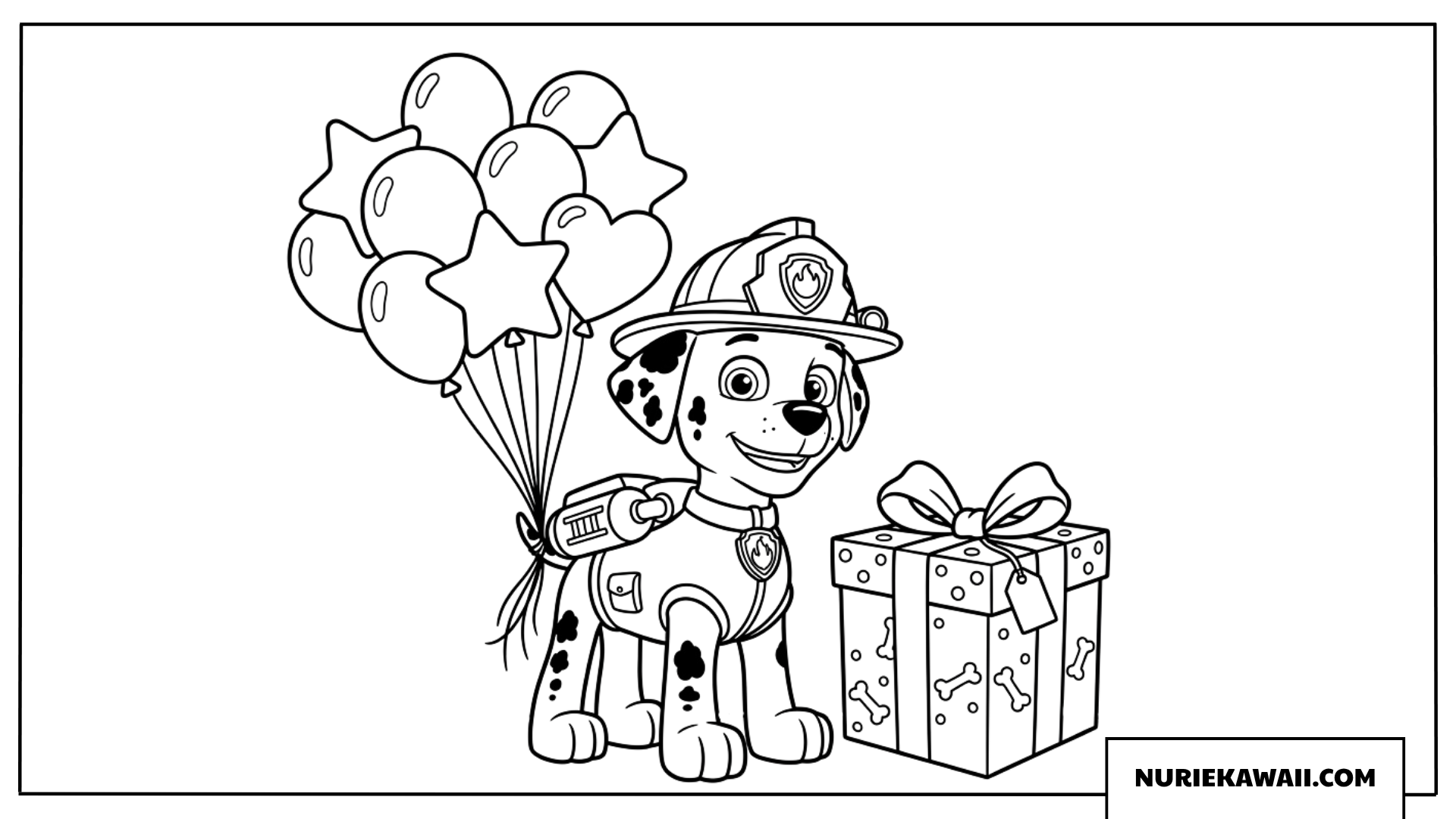 風船と誕生日プレゼントを届けるマーシャルの楽しい 塗り絵