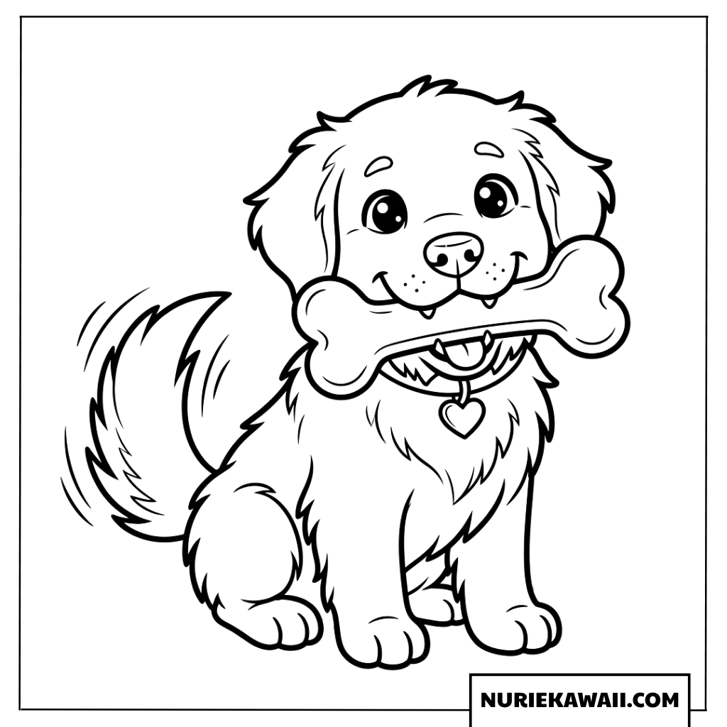 骨をくわえた子犬の楽しい塗り絵