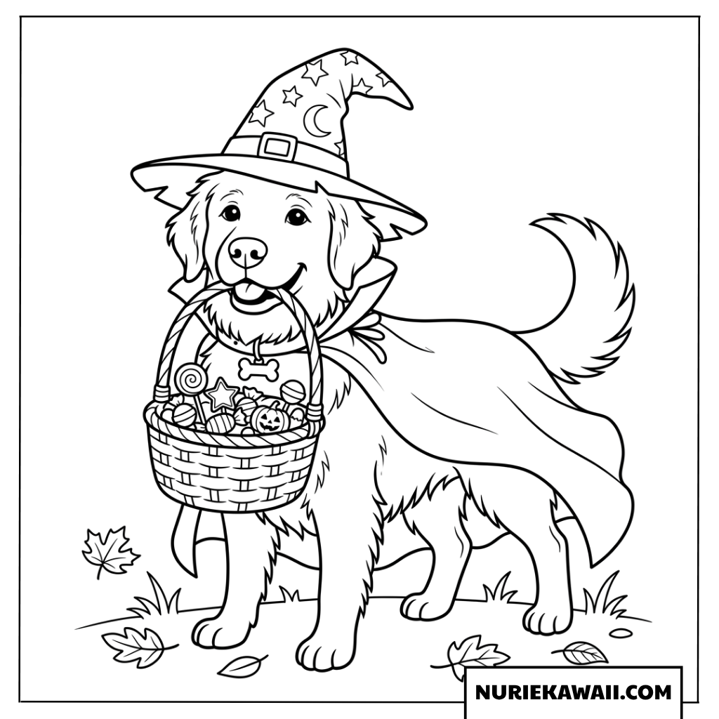 魔女の帽子をかぶってお菓子バッグをくわえた可愛い犬の塗り絵